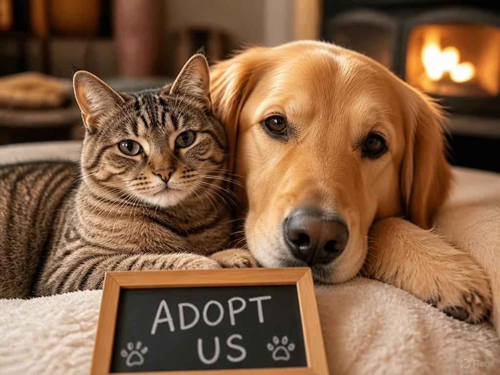 Gato e cachorro juntos com uma plaquinha de adoção