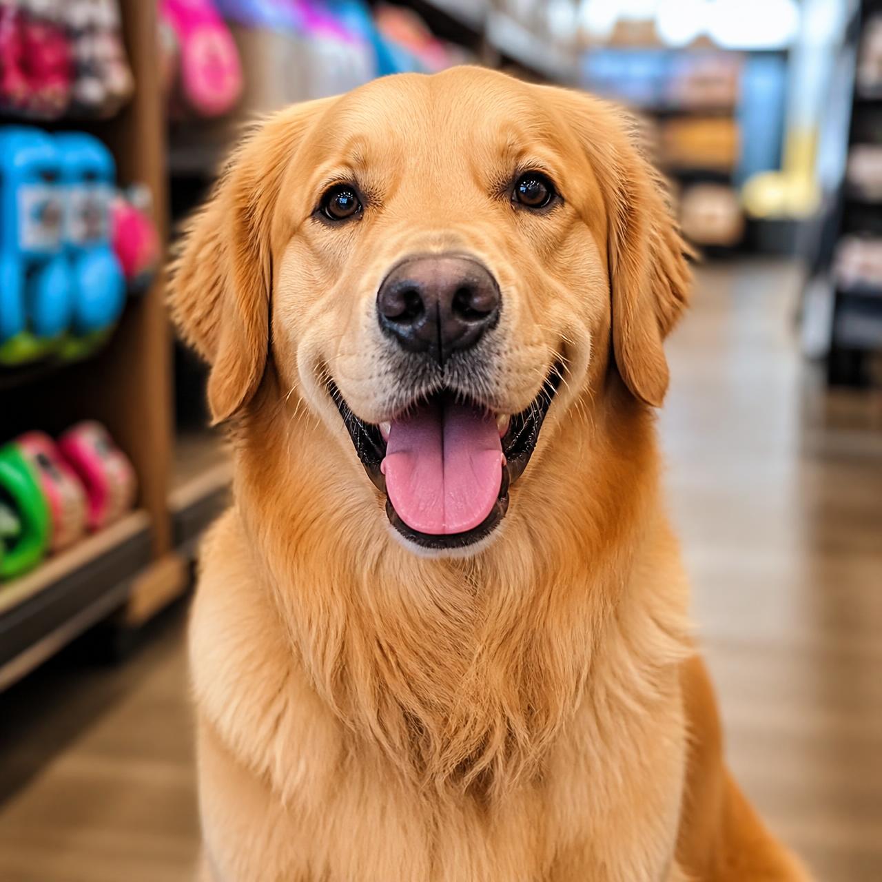 Cachorro golden retriever feliz dentro do petshop Família Pet